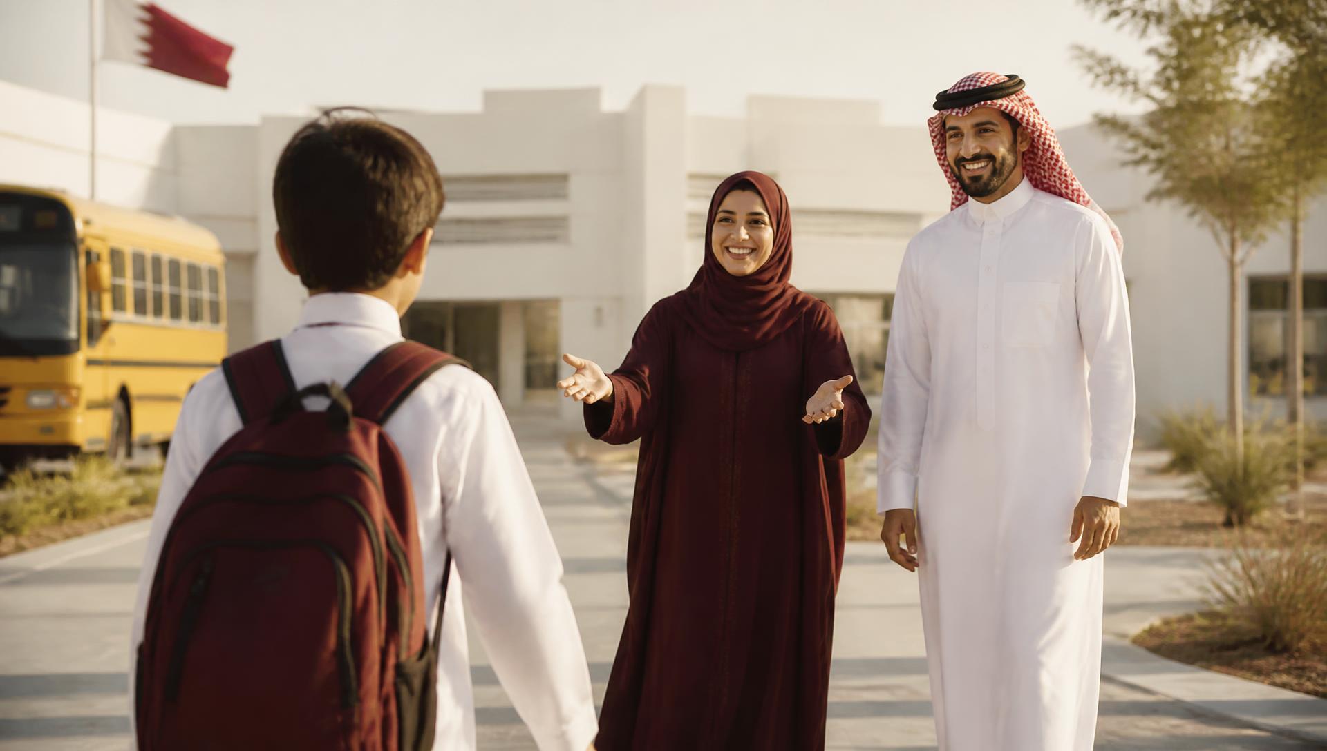 طالب يمشي بأمان نحو أسرته أمام المدرسة والحافلة المدرسية